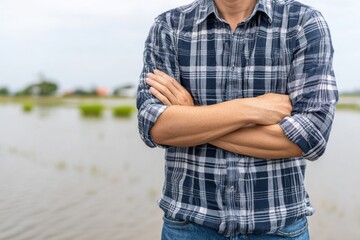 Close-up of a person in a plaid shirt with arms crossed, standing in front of a flooded field with young crops.