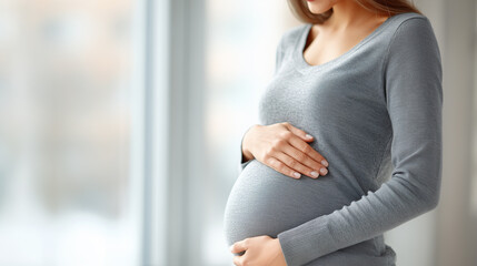 Side view of a pregnant woman in a grey sweater gently holding her belly while standing by a bright window.