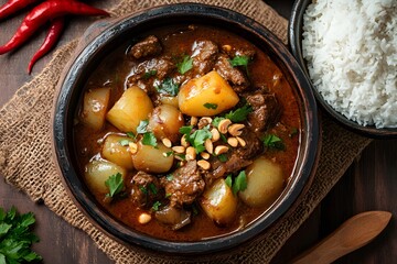 Asian Beef Stew (Bo Kho) with Potato, Peanut, Chili, and Rice on wooden table. 