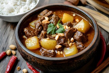 Asian Beef Stew (Bo Kho) with Potato, Peanut, Chili, and Rice on wooden table.