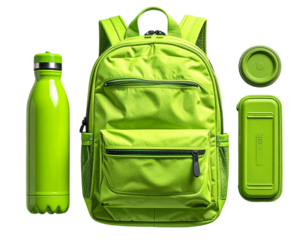 Flat Lay of Colorful Backpack, Bottle, and Food Container Set, PNG