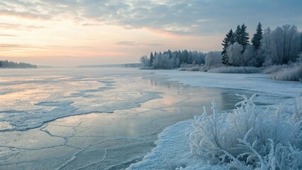 Vast Frozen Lake Landscape with Ice Cracks at Dreamy Sunset Light
Arctic Winter Scenery, Texture of Ice and Snow, Soft Golden Hour
Cold Abstract Background, Blue and White Cracked Ice Surface