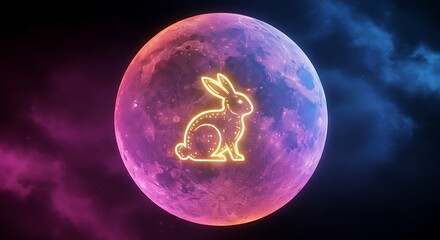 Naklejka premium Glowing Neon Rabbit Silhouette on Pink Full Moon Background for Mid-Autumn Festival or Year of the Rabbit Concept