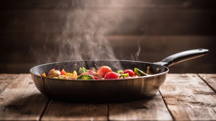 A skillet with colorful vegetables sizzling in hot oil, steam rising from the pan,