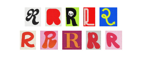 Vintage and modern letter R tiles, magazine collage on transparent PNG
