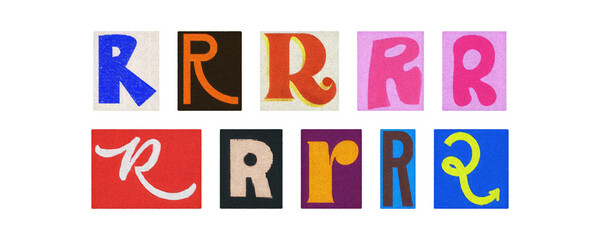 Typography letter R set in diverse styles, cutouts on transparent PNG
