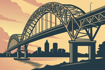 Naklejka premium Hernando de Soto Bridge in Memphis, Tennessee, twin arches glowing over Mississippi River skyline