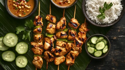 Thai Chicken Satay Skewers Served with Peanut Sauce, Rice, and Cucumber Salad