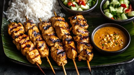 Wide View of Thai Chicken Satay Skewers with Peanut Sauce and Side Dishes