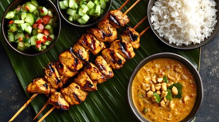 Thai Chicken Satay Skewers with Rich Peanut Sauce, Ajaad, and Steamed Rice
