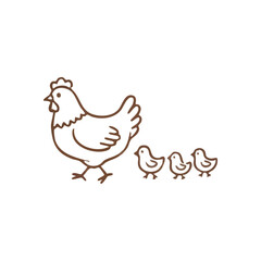 Chicken Family Simple Line Art. Cute hen with three little baby birds following. Represents maternal care, new beginnings, and farm life.