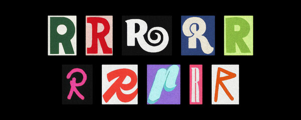 Magazine letter R cutout collage set arranged on a solid black background

