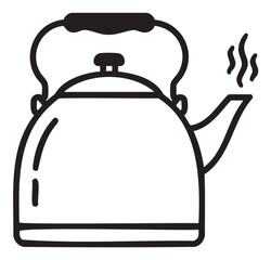 Black and white illustration of a steaming tea kettle - stock vector