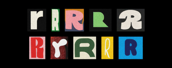 Assorted letter R typography styles, paper cutouts on black background
