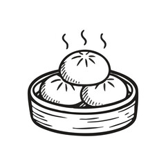 Steaming Bao Buns Sketch Icon. Freshly prepared dumplings in a bamboo basket. This hand drawn illustration evokes warmth, tradition, and delicious Asian cuisine.