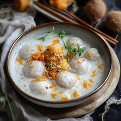 Thai Sweet/Savory Rice Balls (Bua Loy) in Coconut Milk with Crispy Toppings