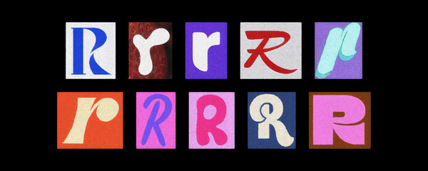 Bold letter R collection in varied fonts, magazine collage on black
