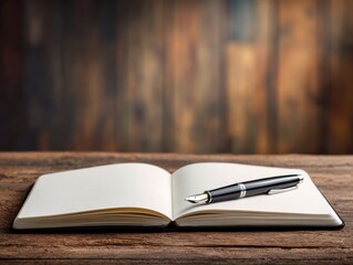 Open Notebook with Pen on Wooden Desk Surrounded by Warm Tones