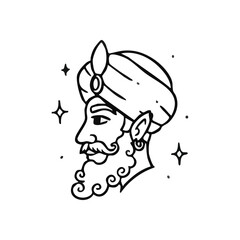 Mystic Bearded Man Head Profile. This captivating linear illustration features a fellow with an elaborate facial hair and headdress, viewed from the side. It evokes ancient sagacity and Eastern.