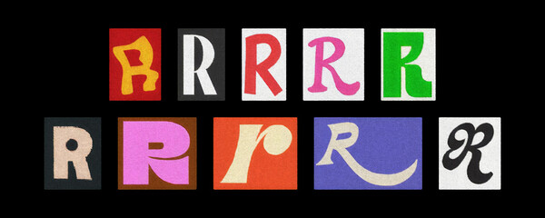 Bold letter R collection in varied fonts, magazine collage on black
