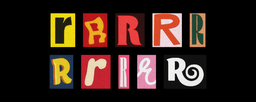 Bold letter R collection in varied fonts, magazine collage on black
