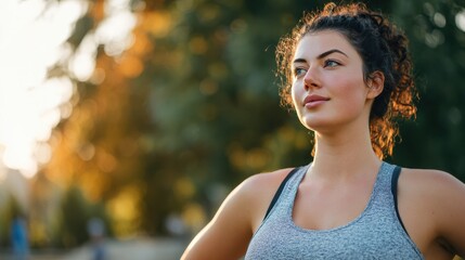 curvy woman doing sport workout routine outdoor in city park focus on face no logos no brands ar 169