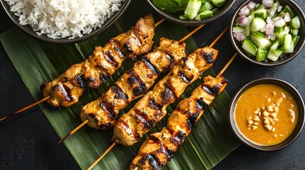 Overhead Shot of Grilled Chicken Satay Skewers with Peanut Sauce and Rice
