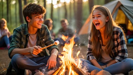 two teenage children in sharp focus at a summer tent camp, sitting close together around a softly glowing campfire