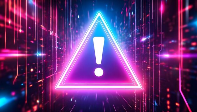 Vibrant neon warning triangle with exclamation mark in a futuristic digital cyber background, symbolizing alert or danger.