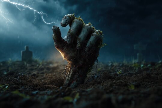 Dark zombie hand rising from ground horror halloween scary spooky illustration