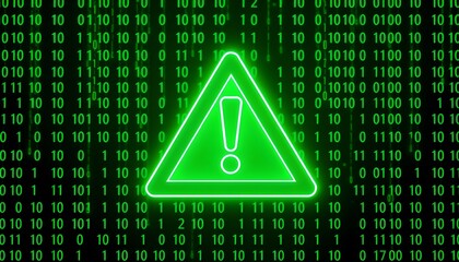 A bright green neon warning sign with an exclamation mark inside a triangle, set against a dark background filled with glowing green binary code.