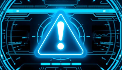Glowing blue neon warning sign with exclamation mark on a futuristic digital interface background, symbolizing alert or error.
