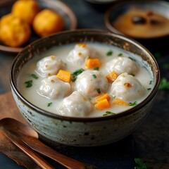 Thai Dessert Rice Balls (Bua Loy) in Rich Coconut Milk with Chopped Pumpkin