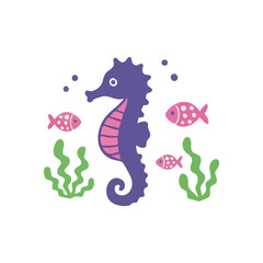 Cute Seahorse Ocean Friends Illustration. Charming aquatic scene featuring a purple hippocampus and pink swimming finned creatures amidst vibrant algae. A playful underwater fantasy.