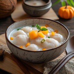 Thai Sweet Rice Balls in Coconut Milk (Bua Loy) with Pumpkin Topping