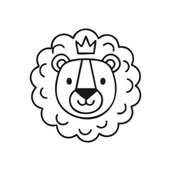 Regal Cartoon Lion Head with Crown. This delightful graphic features a majestic feline wearing an emblem of power. It represents leadership, courage, and playful royalty. Perfect for children's.