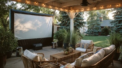 Fototapeta premium A backyard is prepared for an outdoor movie night with a large screen set up. Comfortable seating and warm ambient light create a welcoming atmosphere for guests to enjoy.