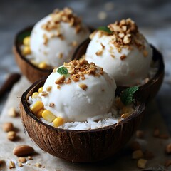 Three Scoops of Thai Coconut Ice Cream with Sticky Rice, Corn, and Peanuts