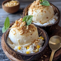 Premium Thai Ice Cream with Sticky Rice, Corn, and Peanuts Served in Coconut Shell