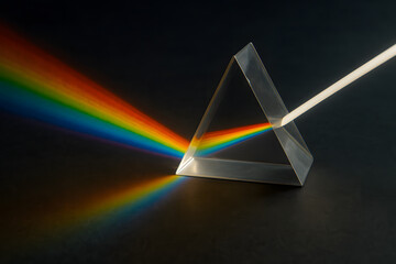 Light passing through prism creating rainbow spectrum on dark background  