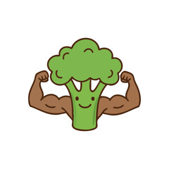 Broccoli Flexing Strong Arms. This cheerful cartoon broccoli character shows off its powerful biceps, symbolizing the amazing health benefits and strength gained from a nutritious diet.