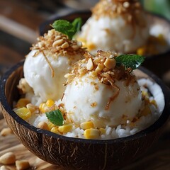 Thai Coconut Ice Cream with Sticky Rice, Corn, and Peanuts Served in Coconut Shell 