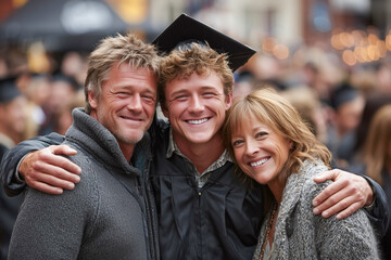 Fototapeta premium Young graduate with proud parents celebrating graduation day with smiles