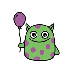 Happy Green Monster Holds Purple Balloon. This adorable, cheerful creature with big eyes and a wide grin symbolizes pure delight and festive spirit, perfect for kids themes.