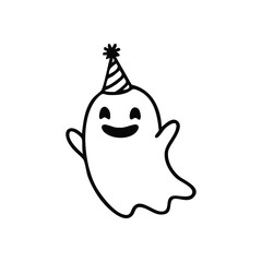 Happy Ghost Party Hat. This cheerful apparition wears a festive cap, ready for a celebration. A friendly, whimsical character perfect for spooky holiday fun.