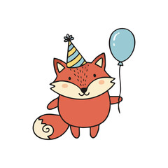 Cute Fox with Party Hat and Balloon. Adorable woodland creature celebrates a happy occasion. This charming illustration features a festive animal wearing a party cap, holding a blue floating sphere,.