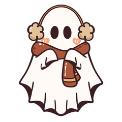 Cute Cozy Ghost with Earmuffs and Scarf – Winter Halloween Cartoon Illustration