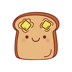 Happy Breakfast Bread Illustration. This cheerful graphic depicts a delightful cartoon toast character with melting pats of golden dairy as eyes, symbolizing a bright, yummy start to the day.