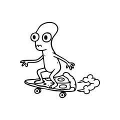 Whimsical Alien Riding Pizza Skateboard. A quirky extraterrestrial character glides speedily on a unique pizza slice board, exuding playful charm. This surreal illustration conveys fun and.
