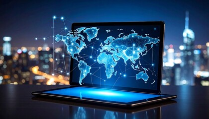 Laptop displaying world map with network connections, night cityscape backdrop